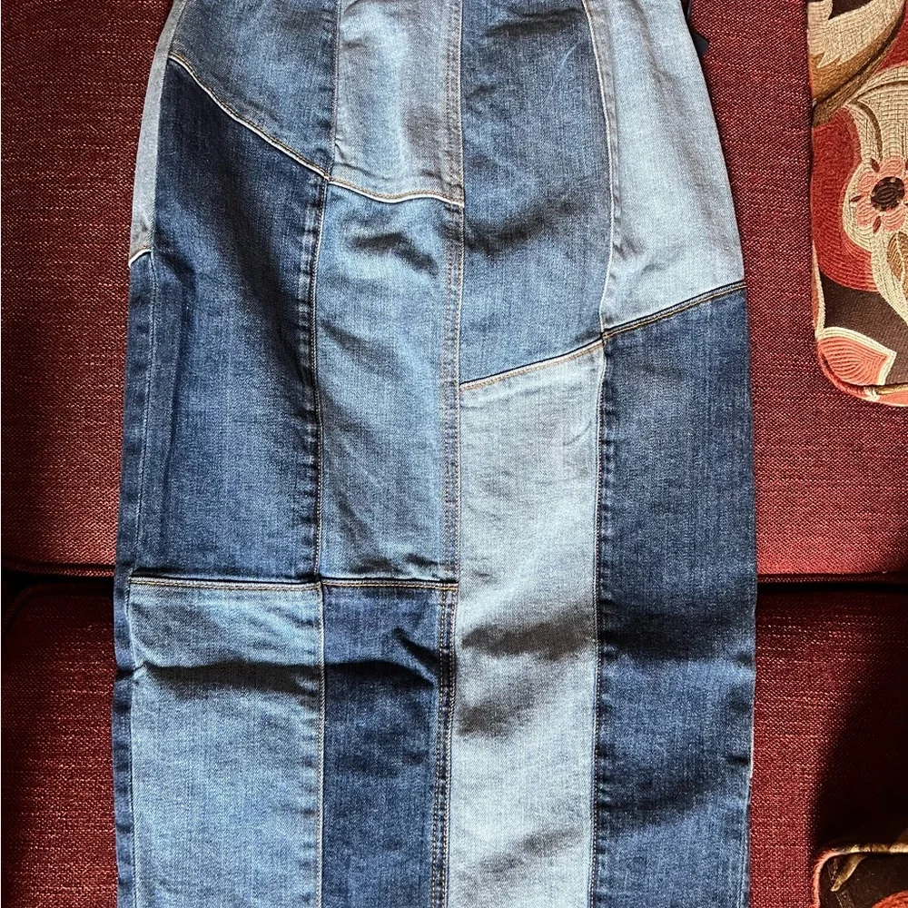 Ramy Brook High Rise Patchwork denim skirt- Blue and Light Blue - Picture 2 of 4